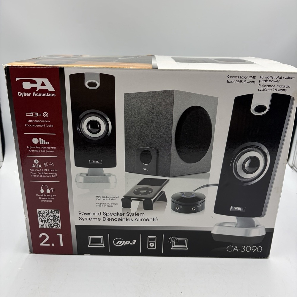 Cyber Acoustics CA-2022 18W Powered 2.0 Speaker System Control Pod New Open Box